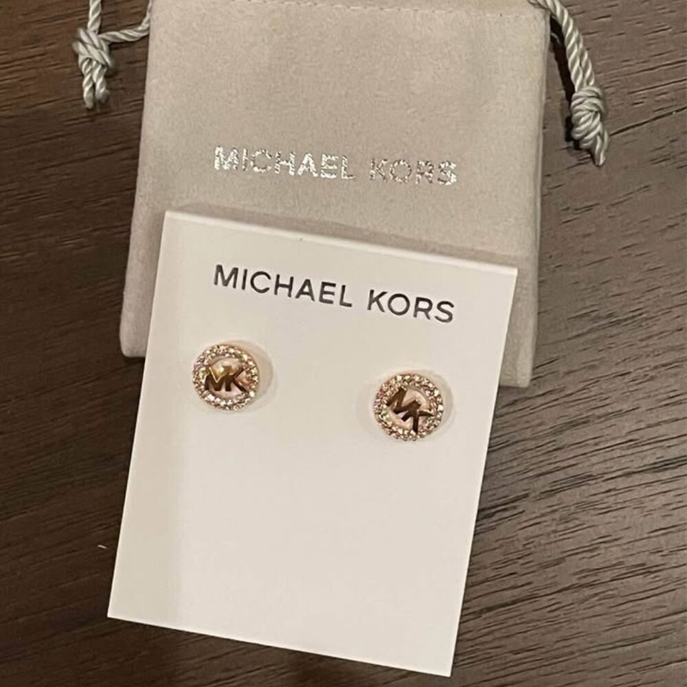 Michael Kors Stud Earrings MK Logo Crystal Pave Round Button